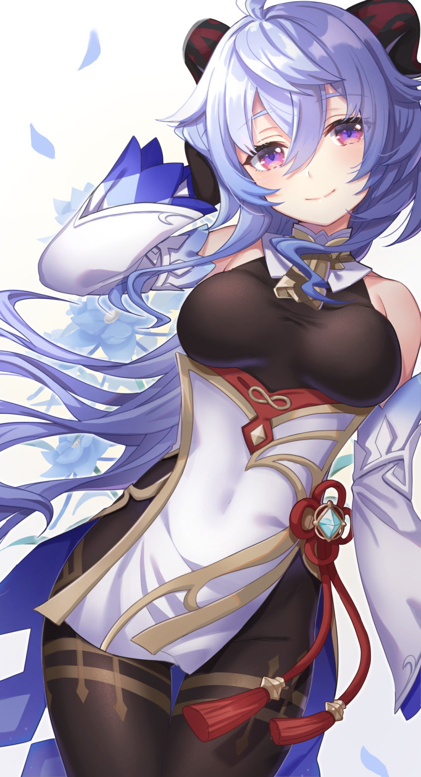 1girl ahoge bare_shoulders black_gloves blue_flower breasts brown_pantyhose cowbell cowboy_shot detached_sleeves flower flower_knot ganyu_(genshin_impact) genshin_impact gloves goat_horns gold_trim groin hair_between_eyes hand_up head_tilt highres horns kon_(k0n16) long_hair long_sleeves looking_at_viewer medium_breasts pantyhose pelvic_curtain purple_hair red_eyes simple_background smile solo standing tassel thigh_gap waist_cape white_background