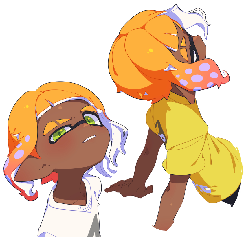 1boy absurdres arm_support blonde_hair clenched_teeth closed_eyes dark-skinned_male dark_skin eyebrow_cut gradient_hair green_eyes hair_behind_ear highres inkling inkling_boy inkling_player_character looking_at_viewer male_focus multicolored_hair multiple_views nintendo pink_hair shirt short_hair short_sleeves simple_background splatoon_(series) surume01417 teeth tentacle_hair thick_eyebrows white_background white_shirt yellow_shirt
