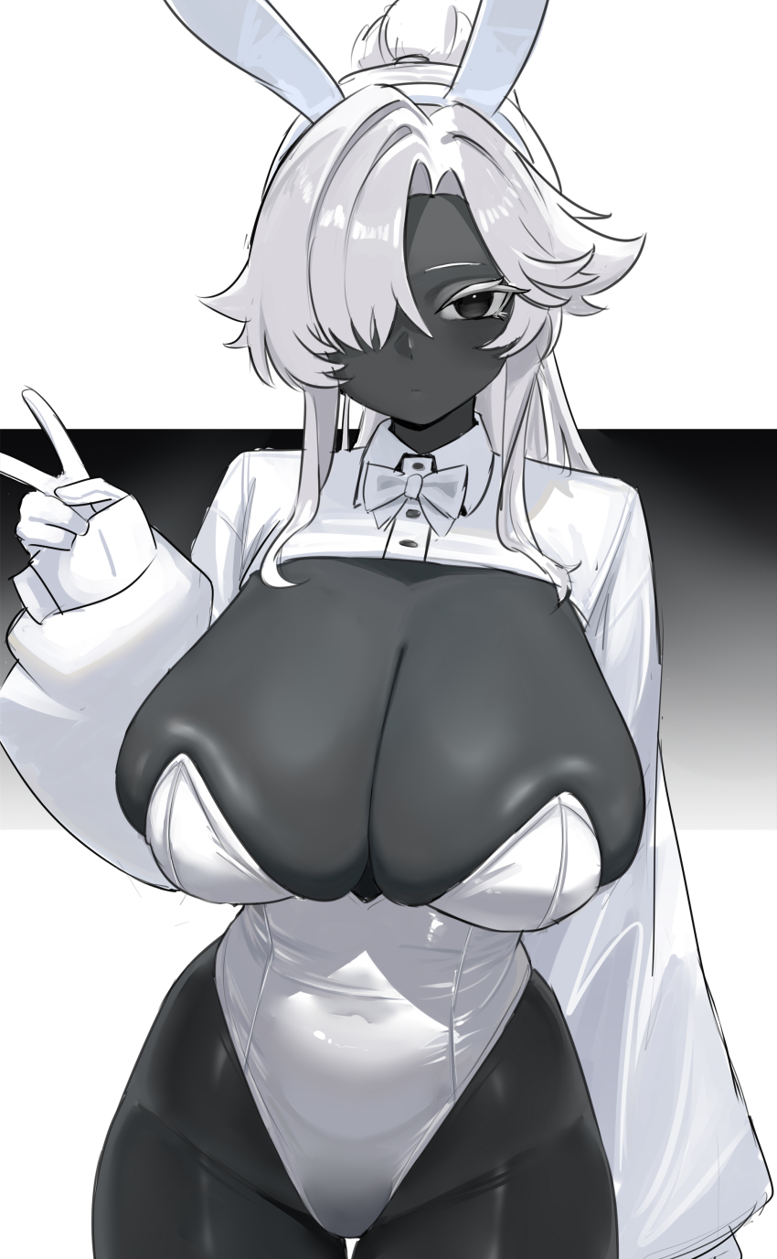 1girl absurdres animal_ears black_eyes black_skin bow bowtie breasts closed_mouth collared_shrug colored_skin covered_navel cowboy_shot fake_animal_ears gloves hair_over_one_eye hand_up highres large_breasts leotard long_hair long_sleeves looking_at_viewer original playboy_bunny ponytail rabbit_ears shenqi_xiaohuang shrug_(clothing) solo v white_gloves white_hair white_leotard
