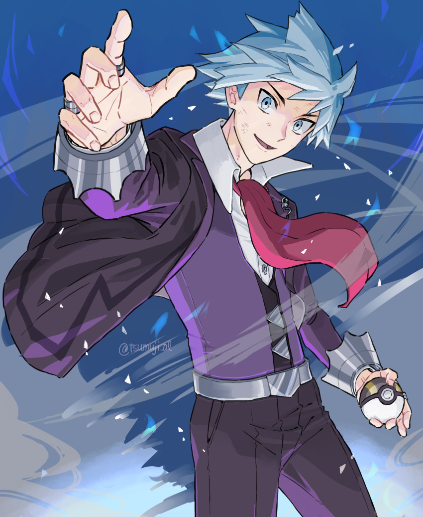 1boy absurdres aihysa buttons collared_shirt commentary_request cowboy_shot creatures_(company) fingernails game_freak hand_up highres holding holding_poke_ball jacket jewelry male_focus necktie nintendo open_clothes open_jacket open_mouth pants poke_ball pokemon pokemon_oras ring scrape shirt short_hair smile solo steven_stone ultra_ball vest watermark white_shirt
