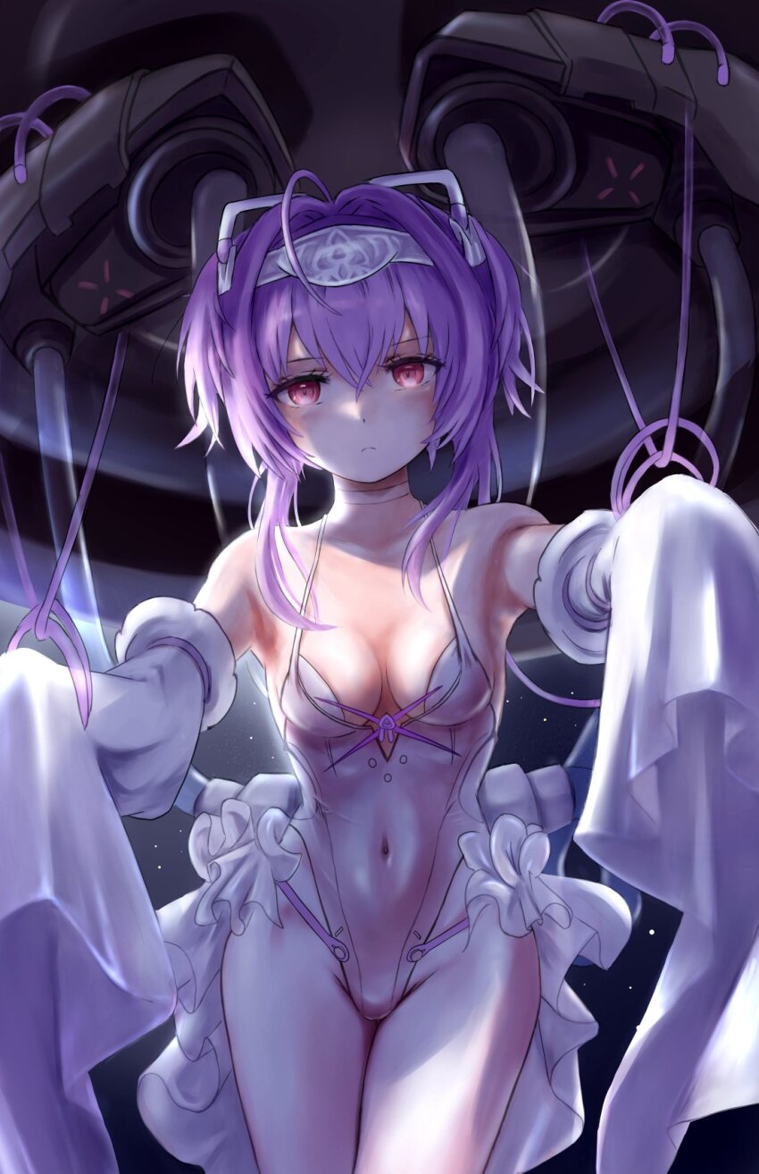 1girl breasts cleavage closed_mouth covered_navel detached_sleeves frills goddess_of_victory:_nikke headband highres leotard liberalio_(nikke) lunati_nikke pleated_skirt purple_hair red_eyes short_hair sidelocks skirt small_breasts solo thighs tube very_long_sleeves