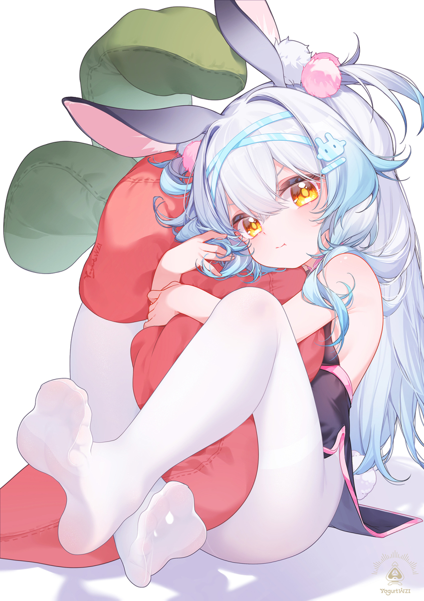 1girl animal_ears bare_shoulders black_dress blue_hair breasts closed_mouth commentary_request dress feet full_body gradient_hair hair_ornament hairclip highres hugging_object light_blue_hair long_hair looking_at_viewer multicolored_hair original pantyhose pillow pillow_hug rabbit_ears rabbit_girl rabbit_hair_ornament short_dress simple_background sitting small_breasts soles solo suaynnai_wanzi thighband_pantyhose very_long_hair white_background white_hair white_pantyhose yellow_eyes