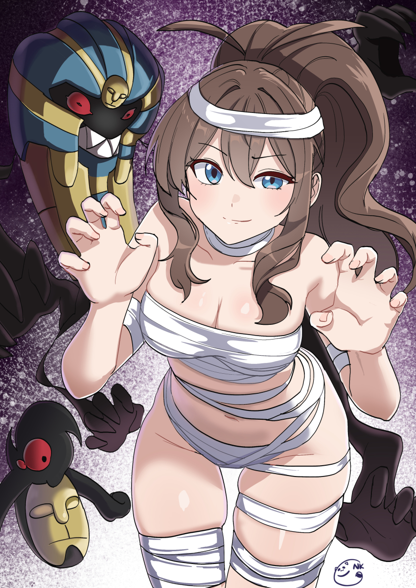 1girl 2others absurdres bandages bent_over blue_eyes breasts brown_hair claw_pose cofagrigus cosplay curvy evolutionary_line eyelashes gen_5_pokemon gradient_background halloween halloween_costume high_ponytail highres hilda_(pokemon) long_hair looking_at_viewer multiple_others mummy_costume naked_bandage navel neogul_kim nintendo pokemon pokemon_bw ponytail revealing_clothes shiny_skin sidelocks signature simple_background smile wide_hips yamask
