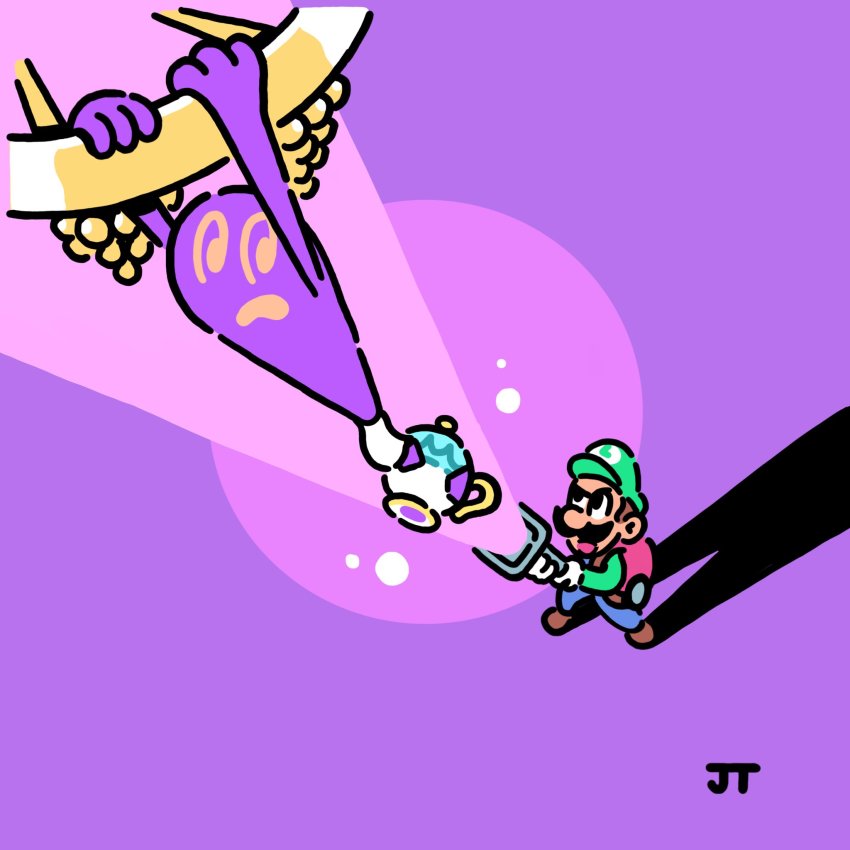 1boy @_@ backpack bag brown_footwear brown_hair chandelier clinging commentary crossover facial_hair from_above frown gen_8_pokemon gloves green_headwear green_shirt hat highres holding james_turner jumpsuit luigi luigi&#039;s_mansion male_focus mario_(series) mustache nintendo open_mouth orange_eyes pink_bag pokemon pokemon_(creature) polteageist poltergust_3000 shirt shoes short_hair signature standing teapot vacuum_tube white_gloves
