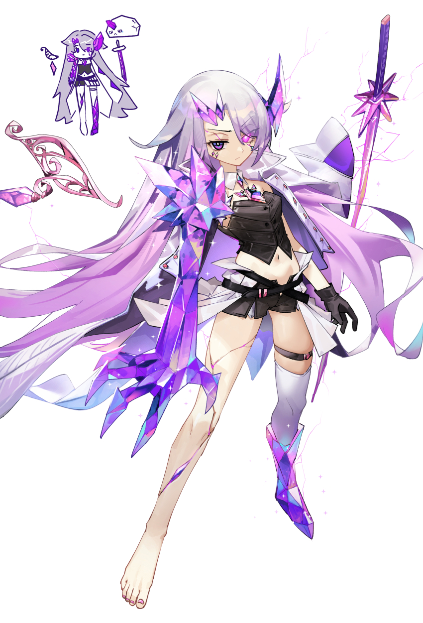 1girl absurdres adarin black_gloves black_shirt black_shorts chest_jewel cracked_skin feet gem gloves gradient_hair grey_hair highres hololive hololive_english jewel_under_eye koseki_bijou long_hair metal_wings multicolored_hair navel pebble_(koseki_bijou) purple_gemstone purple_hair shirt short_shorts shorts single_thighhigh sword thighhighs toes virtual_youtuber weapon white_thighhighs