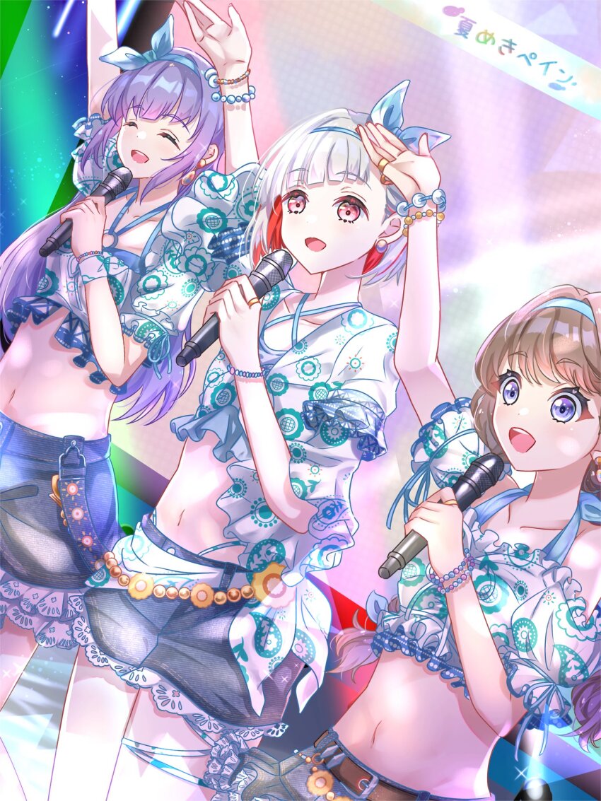 3girls :d ^_^ arm_up belt black_shorts blush breasts brown_belt brown_hair closed_eyes collarbone colored_inner_hair commentary_request cowboy_shot criss-cross_halter cropped_shirt detached_sleeves diagonal_bangs dutch_angle frilled_sleeves frills fujishima_megumi halterneck highres holding holding_microphone idol jewelry link!_like!_love_live! long_hair love_live! low_twintails medium_breasts microphone multi-tied_hair multicolored_hair multiple_girls natsumeki_pain navel official_alternate_costume official_alternate_hairstyle open_mouth otomune_kozue puffy_short_sleeves puffy_sleeves purple_eyes purple_hair red_eyes red_hair ring sakari_(pear_8_ll) shirt short_hair short_shorts short_sleeves shorts sidelocks smile song_name stomach streaked_hair translation_request twintails virtual_youtuber white_hair white_shirt white_sleeves yugiri_tsuzuri