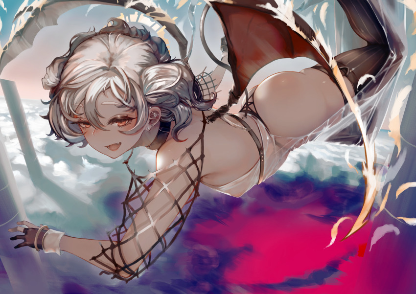 1girl absurdres ass bare_shoulders black_choker black_gloves black_panties black_sleeves black_thighhighs breasts choker cloud cloudy_sky commentary_request dark-skinned_female dark_skin demon_girl demon_wings ear_piercing earrings eyelashes fallen_angel falling fang feet_out_of_frame fishnet_sleeves fishnets gloves gradient_sky hair_between_eyes highres jewelry leotard looking_to_the_side medium_hair nipples open_mouth orange_eyes original outdoors panties piercing pillar skin_fang skindentation sky small_breasts soleil_(soleilmtfbwy03) solo stud_earrings teeth thighhighs tongue twintails underwear white_hair white_leotard white_wrist_cuffs wings wrist_cuffs