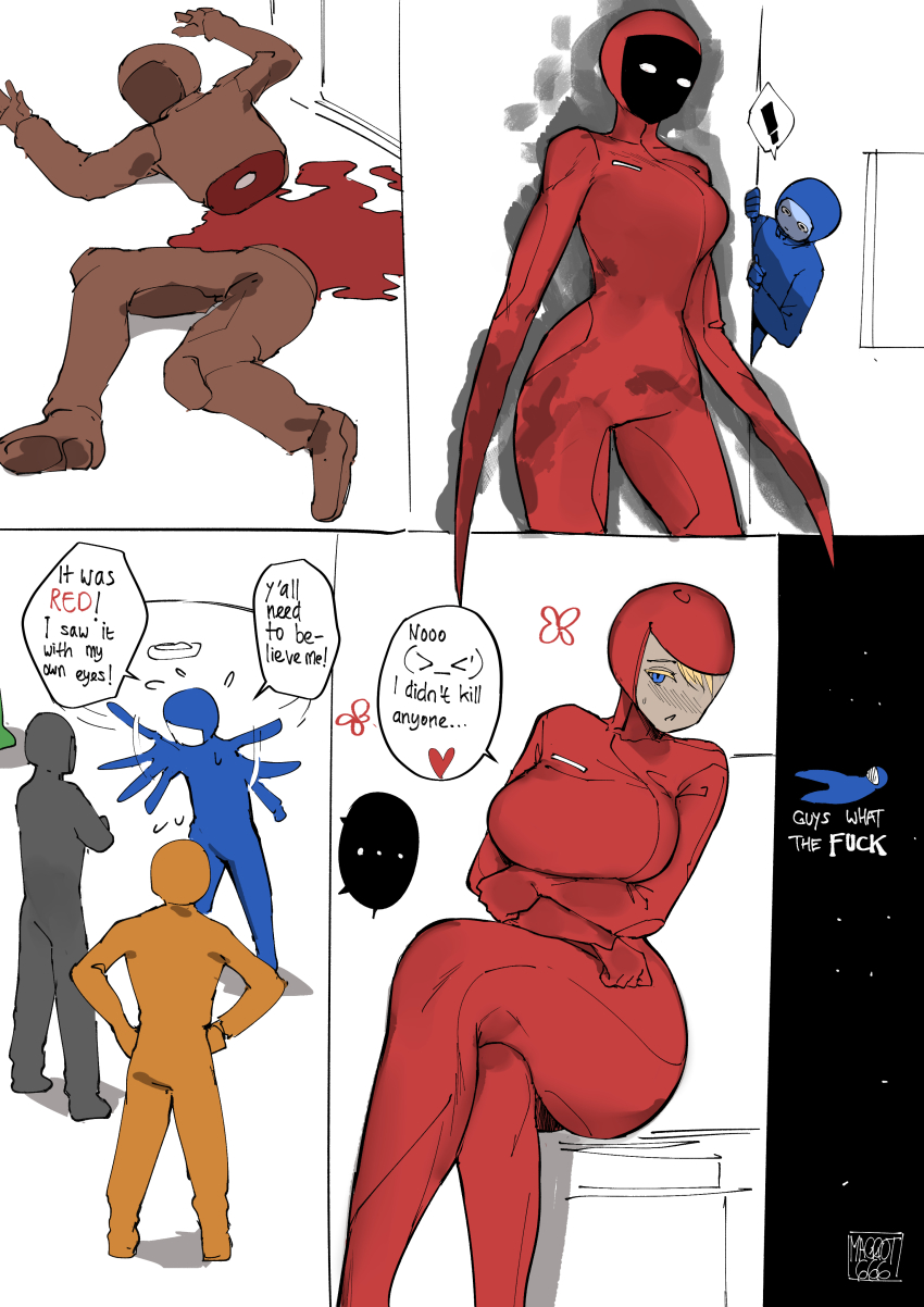 ! ... absurdres afterimage among_us artist_name blonde_hair blood blue_(among_us) blue_bodysuit blue_eyes blush bodysuit breasts brown_(among_us) brown_bodysuit colored_eyelashes crewmate_(among_us) crossed_legs curvy facing_viewer feet_out_of_frame flying_sweatdrops full_body grey_(among_us) grey_bodysuit hands_on_own_hips heart helmet highres humanization large_breasts looking_at_another looking_at_viewer norman_maggot orange_(among_us) orange_bodysuit peeking_out red_(among_us) red_bodysuit sequential sitting space space_helmet spacesuit speech_bubble spoken_ellipsis spoken_exclamation_mark spoken_heart standing star_(sky) sweatdrop truth