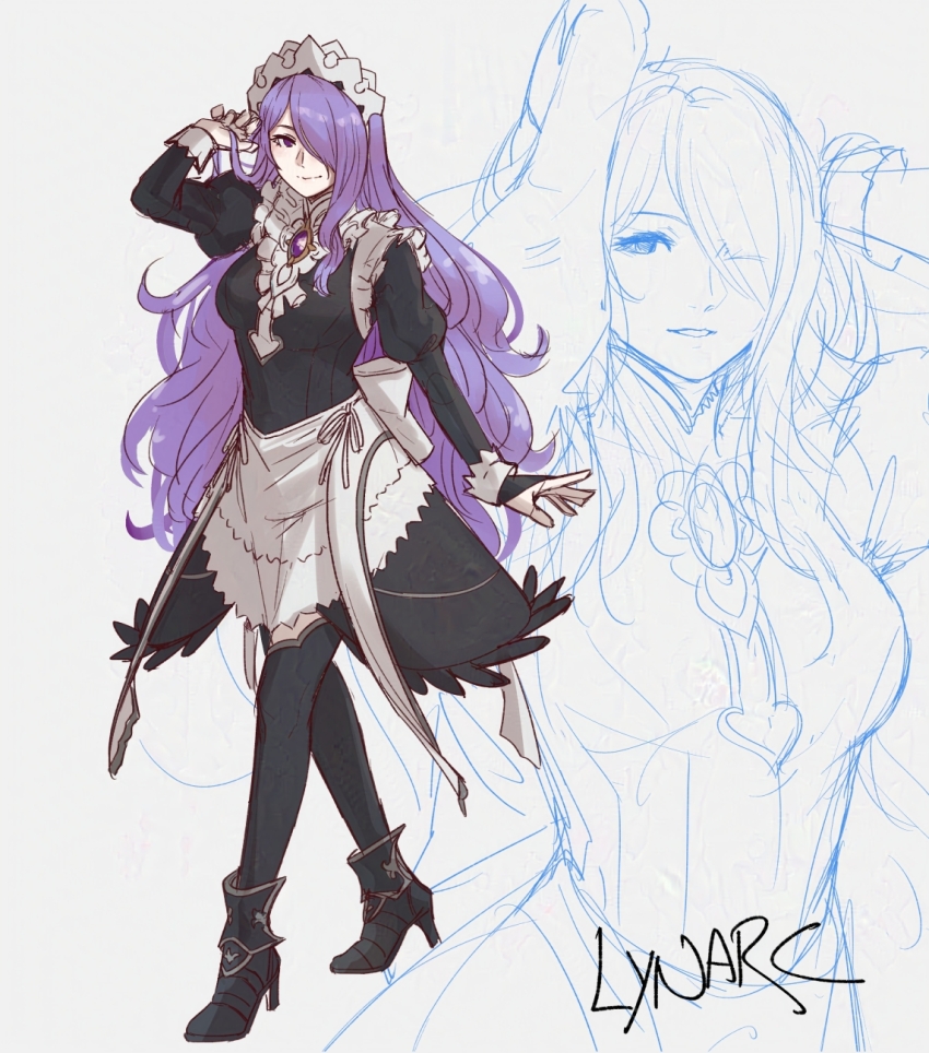 1girl alternate_costume apron black_dress black_thighhighs breasts bridal_gauntlets brooch camilla_(fire_emblem) closed_mouth commentary cosplay dress english_commentary enmaided felicia_(fire_emblem) felicia_(fire_emblem)_(cosplay) fire_emblem fire_emblem_fates full_body hair_over_one_eye high_heels highres jewelry juliet_sleeves long_hair long_sleeves looking_at_viewer lynarc maid maid_headdress medium_breasts nintendo one_eye_covered puffy_sleeves purple_eyes purple_hair signature smile solo thighhighs very_long_hair waist_apron wavy_hair white_apron white_background