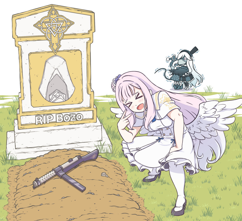 &gt;_&lt; 1girl 2others :d angel_wings blue_archive blue_eyes buttons capelet commentary cross double-breasted dress english_commentary english_text eniac_(artist) feathered_wings frilled_dress frills grass grave gun hair_bun hair_ornament hair_scrunchie hand_on_own_knee hieronymus_(blue_archive) high_heels highres kuro_(blue_archive) looking_at_another meme mika_(blue_archive) multiple_others no_halo open_mouth outdoors pantyhose pink_hair pointy_footwear purple_eyes scared scrunchie shiro_(blue_archive) single_side_bun smile solo_focus squatting tearing_up trembling v weapon white_capelet white_dress white_hair white_pantyhose white_wings wings xd
