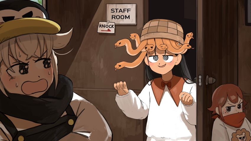 3girls @_@ absurdres basket_on_head bird black_hair black_overalls black_scarf bow bowtie commentary diva_(hyxpk) donut_stamp door duck english_commentary grey_hair hat highres lion_print lion_shirt_girl_(diva) long_hair multiple_girls open_door overalls penguin_hat penguin_keeper_(diva) red_bow red_bowtie red_hair red_scarf scarf shirt short_hair slice_of_life snake snake_girl_(diva) snake_on_head white_shirt zoo zookeeper zookeepers_(diva)