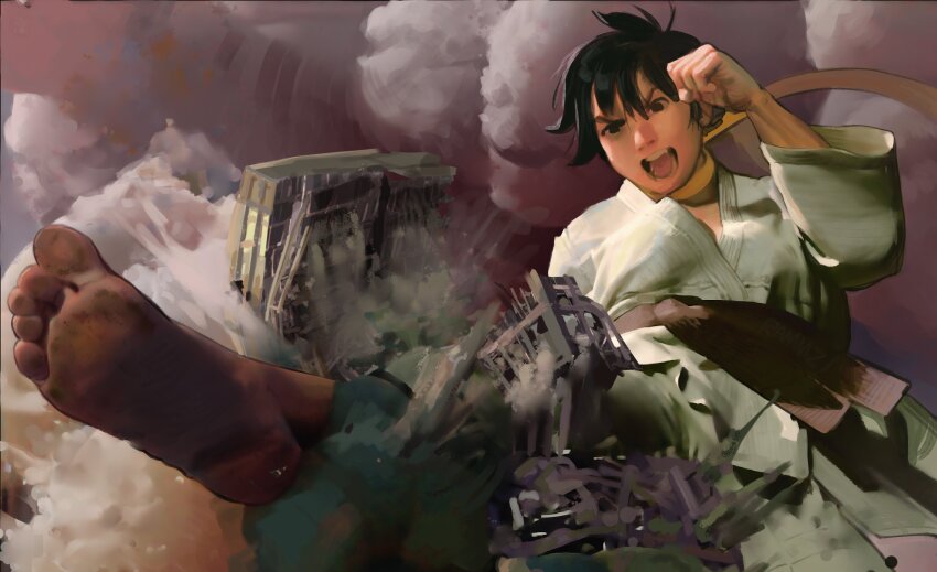 1girl barefoot black_hair building clenched_hand cloud destruction dougi foreshortening giant giantess highres karate_gi kicking leg_up makoto_(street_fighter) martial_arts_belt open_mouth outdoors rammzi scarf short_hair shouting smoke soles street_fighter toes yellow_scarf