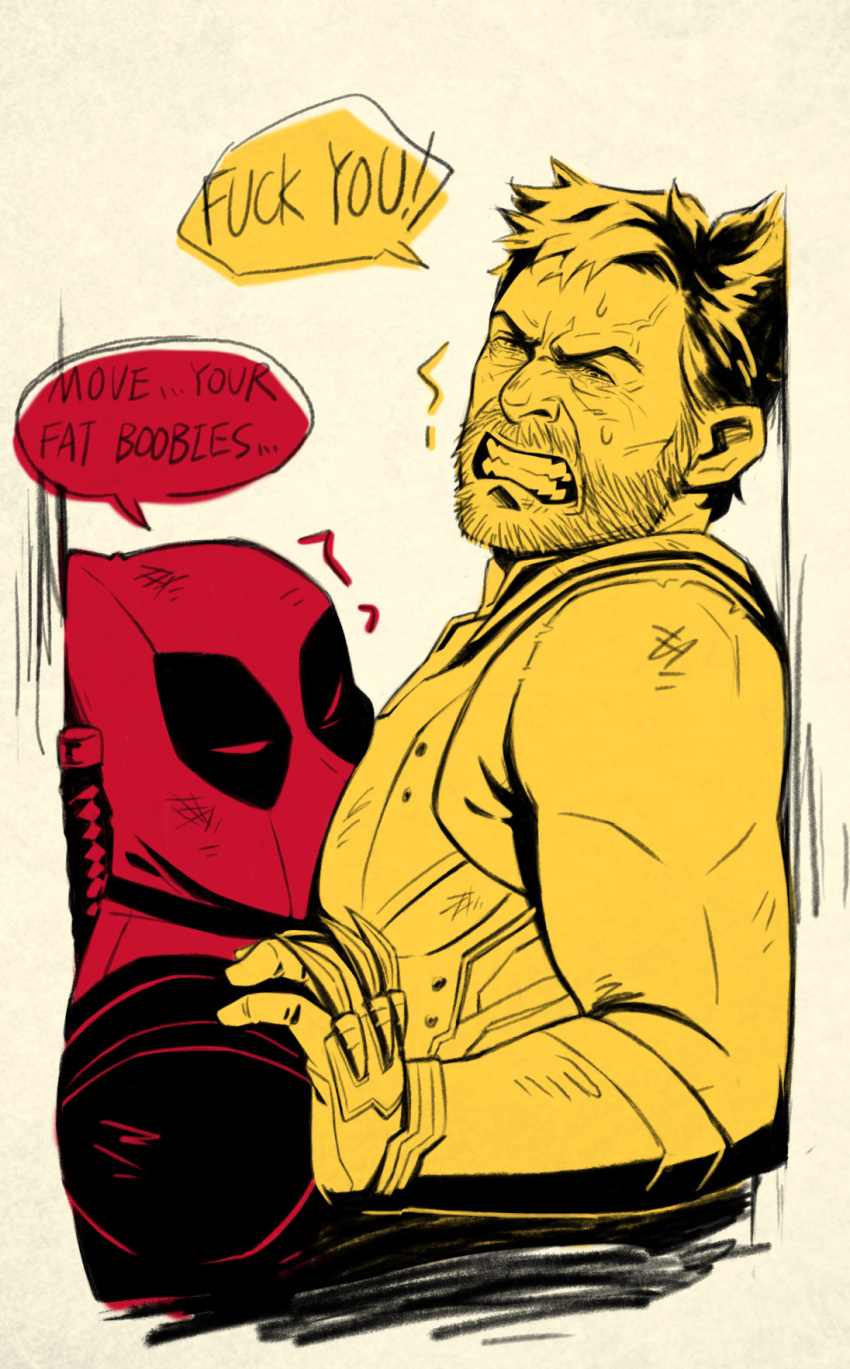 2boys annoyed asd4486 beard bodysuit claw_(weapon) clenched_teeth colored_speech_bubble commentary deadpool deadpool_&amp;_wolverine deadpool_(series) english_commentary english_text face_to_pecs facial_hair highres katana large_pectorals male_focus marvel marvel_cinematic_universe mature_male multiple_boys muscular muscular_male pectorals red_bodysuit red_mask sleeveless speech_bubble superhero_costume sweatdrop sword sword_on_back teeth veins weapon weapon_on_back wolverine_(x-men) x-men yaoi