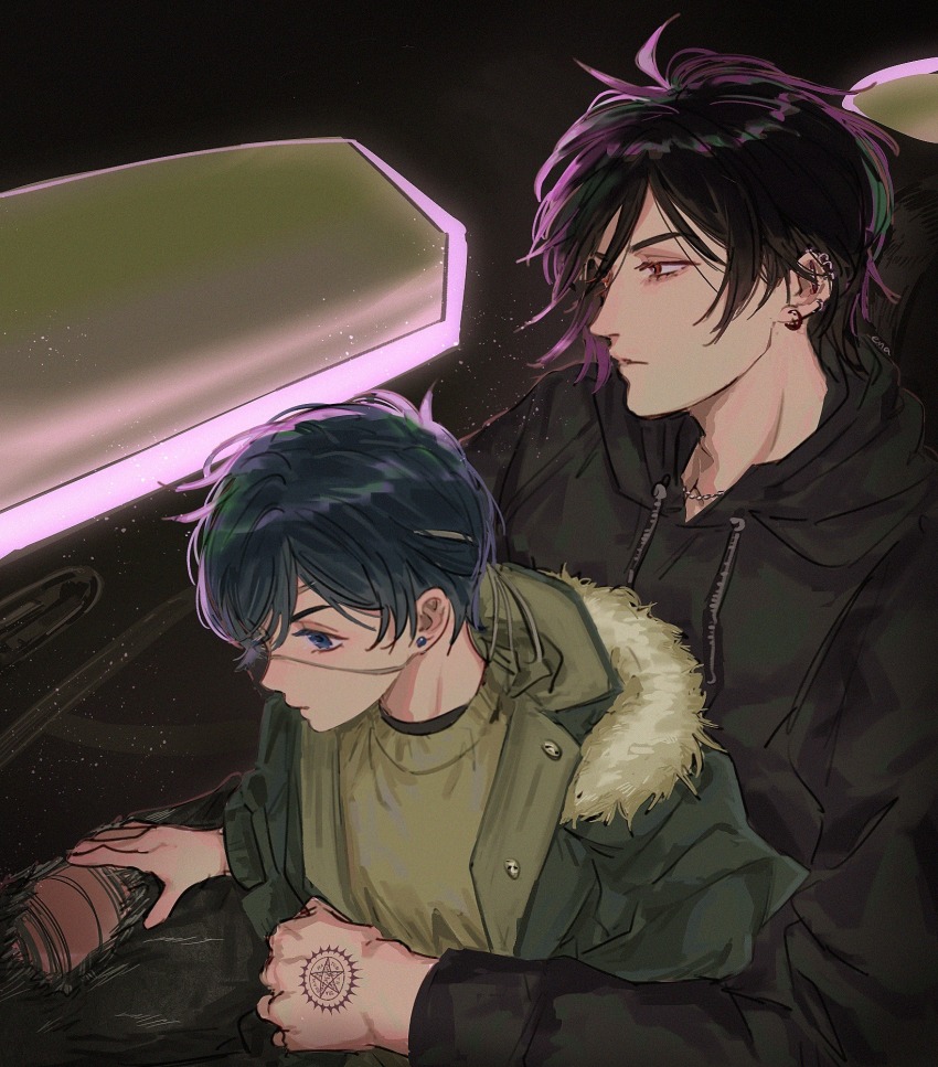 2boys alternate_costume bishounen black_hair black_hoodie blue_eyes blue_hair car_interior ciel_phantomhive contemporary ear_piercing earrings ena33333333 eyepatch goth_fashion hair_between_eyes hand_tattoo highres hood hoodie jacket jewelry kuroshitsuji male_focus multiple_boys piercing red_eyes sebastian_michaelis shirt short_hair tattoo