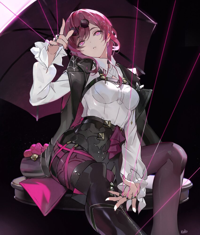 1girl absurdres black_vest boots collared_shirt eyewear_on_head frilled_sleeves frills highres honkai:_star_rail honkai_(series) jewelry kafka_(honkai:_star_rail) kamui_(kurohshiro1) looking_at_viewer multiple_rings nail_polish pantyhose pink_eyes purple_hair purple_pantyhose ring shirt solo sunglasses thigh_boots vest white_shirt