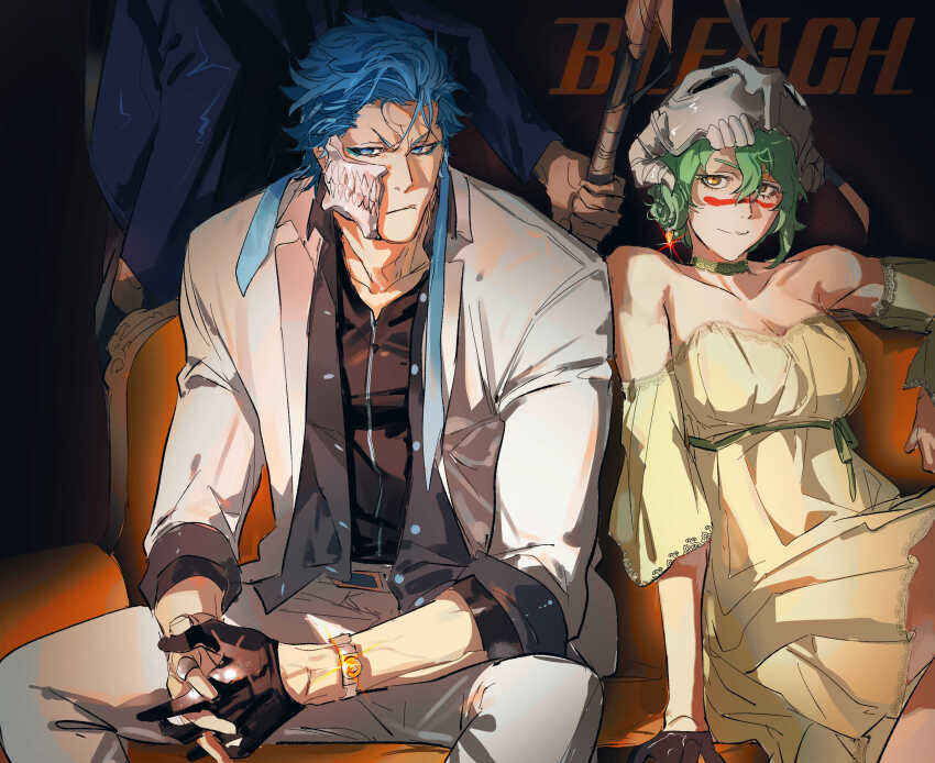 1girl 2boys arrancar bare_shoulders belt black_shirt bleach blue_eyes blue_hair blue_necktie breasts broken_mask chamsut0905 choker cleavage collarbone collared_jacket copyright_name couch detached_sleeves dress earrings facial_mark gloves green_hair grimmjow_jaegerjaquez hair_between_eyes hair_ornament hand_in_pocket highres holding holding_sword holding_weapon interlocked_fingers jacket jewelry kurosaki_ichigo looking_at_viewer mask multiple_boys necktie nelliel_tu_odelschwanck open_clothes open_jacket out_of_frame pants shirt single_glove sitting skull_hair_ornament sleeves_rolled_up strapless strapless_dress sword undone_necktie watch weapon white_pants wristwatch yellow_eyes