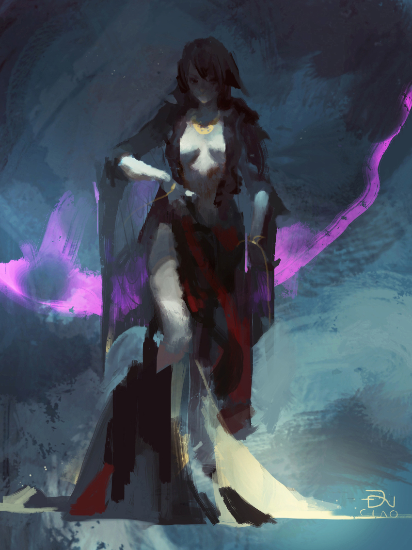 1girl aura black_eyes black_gloves black_hair closed_mouth dannoura_yuuki gloves gold hair_between_eyes highres jewelry long_hair necklace original painterly signature single_glove solo