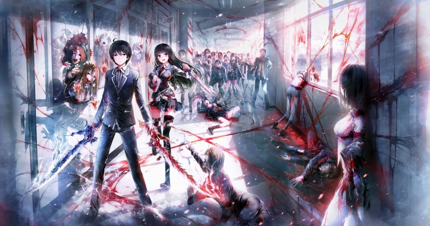 1boy 1girl ahoge black_hair black_thighhighs blood blush book breasts brown_eyes character_request copyright_request crying crying_with_eyes_open dual_wielding holding holding_book holding_sword holding_weapon large_breasts long_hair long_sleeves necktie open_mouth red_necktie shirakaba short_hair sword tears thighhighs weapon window zombie