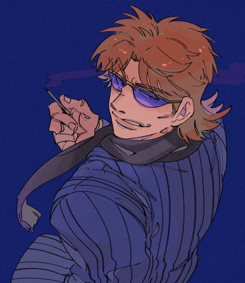 1boy absurdres black_scarf blue_background blue_jacket brown_hair cigarette commentary_request glasses highres holding holding_cigarette hyoudou_kazuya inudori jacket kaiji lips looking_at_viewer looking_down male_focus parted_bangs purple-tinted_eyewear scarf short_hair simple_background smoke smoking sneer solo striped_clothes striped_jacket tinted_eyewear upper_body v-shaped_eyebrows vertical-striped_clothes vertical-striped_jacket