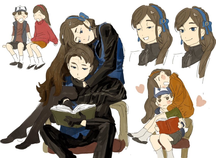 1boy 1girl ^_^ alternate_universe baseball_cap black_gloves black_pants black_pantyhose black_shirt black_skirt blue_eyes blue_headband blue_vest blush book brown_eyes brown_hair carrying closed_eyes collared_shirt commentary dipper_gleeful dipper_pines earrings expressionless facial_mark forehead_mark gloves grabbing_another&#039;s_chin gravity_falls grin half-closed_eyes hand_on_another&#039;s_chin hat headband heart highres holding holding_book jewelry kneehighs long_sleeves looking_at_another ma_fu mabel_gleeful mabel_pines multiple_views no_shoes pants pantyhose parted_hair pleated_skirt princess_carry reading red_headband red_sweater reverse_falls_(gravity_falls) shirt shorts siblings side_part sidelocks sitting sitting_on_shoulder sketch skirt smile socks sweatdrop sweater symbol-only_commentary t-shirt turtleneck turtleneck_sweater vest waistcoat white_background white_socks yellow_headband yellow_skirt yellow_sweater