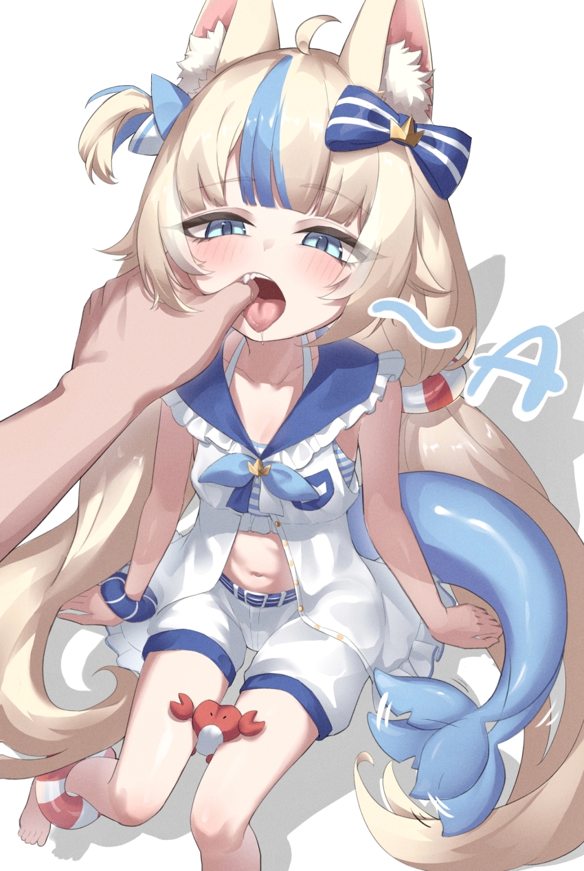 1boy 1girl absurdres animal_ear_fluff animal_ears bikini blonde_hair blue_bow blue_eyes blue_streaks bow cat_ears crab dress finger_in_another&#039;s_mouth fins fish_tail highres indie_virtual_youtuber navel one_side_up open_clothes open_dress sameko_saba shorts simple_background striped_bikini striped_clothes swimsuit tail tail_wagging virtual_youtuber white_background white_dress white_shorts yyfuu