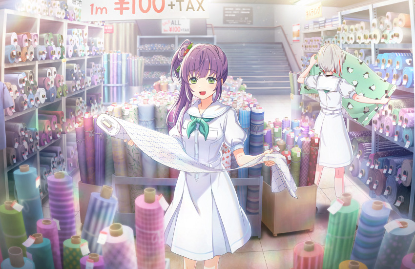 2girls :d aqua_neckerchief black_choker blurry blurry_background blurry_foreground bob_cut choker dress fabric flower game_cg green_eyes grey_hair hair_bun hair_flower hair_ornament hasu_no_sora_school_uniform highres holding inverted_bob light_blush link!_like!_love_live! long_hair love_live! medium_dress multicolored_hair multiple_girls neckerchief official_art open_mouth otomune_kozue penguin_print pleated_dress price_tag purple_hair red_flower red_hair sailor_collar sailor_dress school_uniform shop short_hair short_sleeves side_ponytail sidelocks single_side_bun slice_of_life smile solo_focus standing streaked_hair summer_uniform third-party_source virtual_youtuber white_dress white_sailor_collar yugiri_tsuzuri
