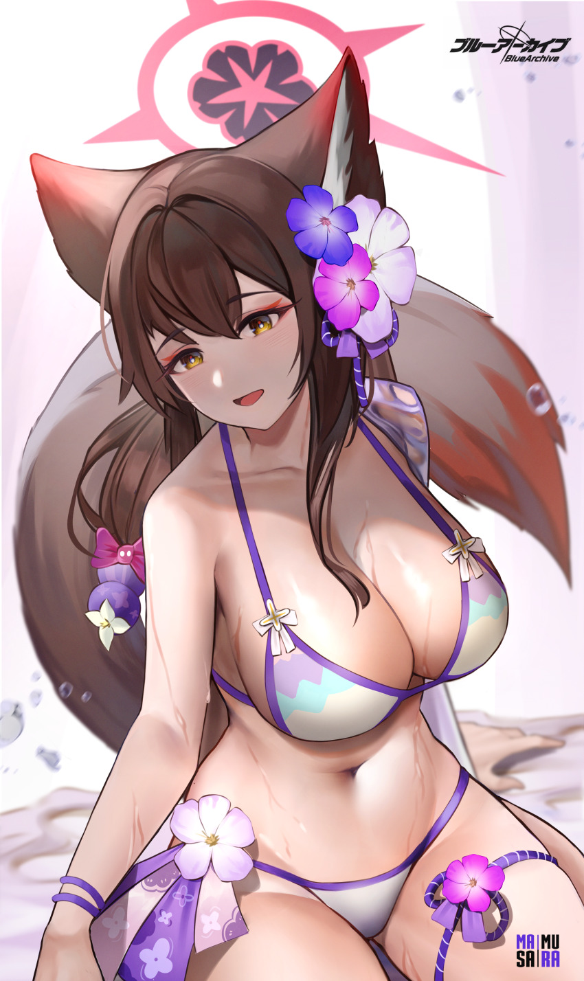 1girl absurdres animal_ears bikini blue_archive bow breasts brown_hair bubble collarbone copyright_name flower fox_ears fox_girl fox_tail hair_bow halo highres large_breasts long_hair masamura_(masamura_eliza) navel open_mouth pink_bow pink_flower purple_flower shadow solo stomach swimsuit tail wakamo_(blue_archive) wakamo_(swimsuit)_(blue_archive) white_bikini white_flower yellow_eyes