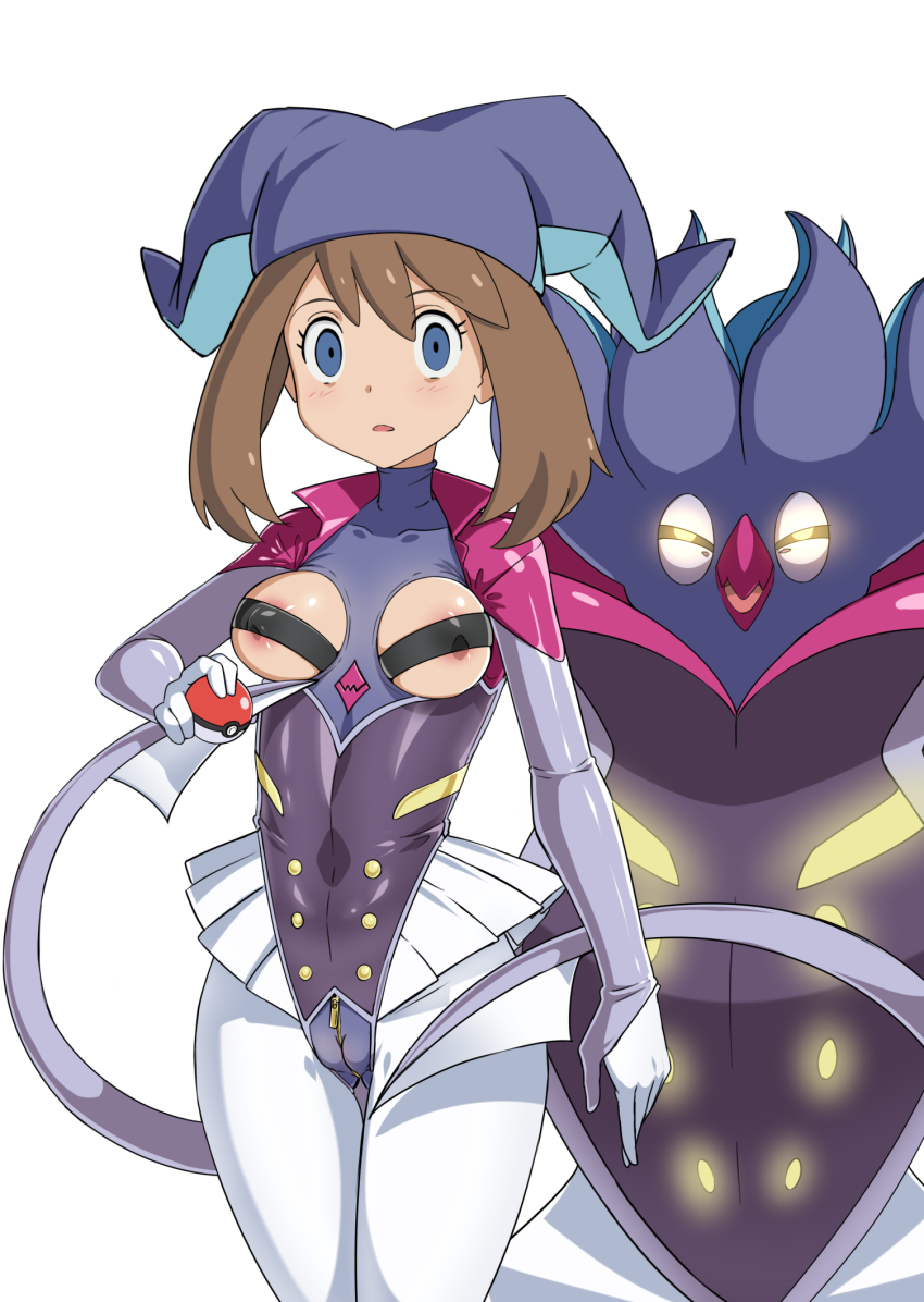 1girl 1other big_hair blue_eyes blush breastless_clothes breastless_leotard breasts brown_hair cameltoe corruption cosplay expressionless gen_6_pokemon gozaru hat highres holding holding_poke_ball huge_breasts hypnosis leotard looking_at_viewer malamar malamar_(cosplay) may_(pokemon) mind_control neon_lights nintendo nipples no_humans poke_ball pokemon pokemon_(creature) pokemon_rse revealing_clothes see-through_clothes see-through_leotard shiny_skin smile tentacles wide_hips yellow_eyes