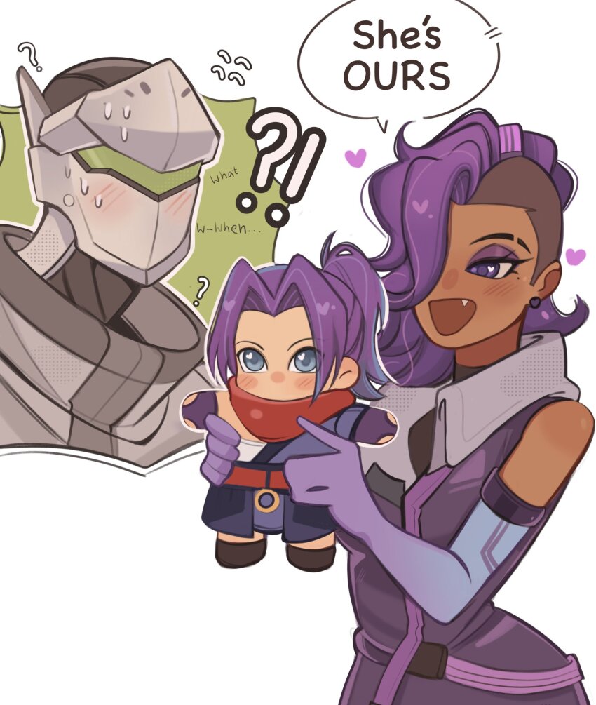 baby bare_shoulders cyborg genji_(overwatch) gloves green_visor highres japanese_clothes kaiwankon kimono long_hair looking_at_viewer marvel marvel_rivals overwatch overwatch_2 psylocke psylocke_(sai) purple_hair sash scarf sombra_(overwatch) superhero_costume x-men