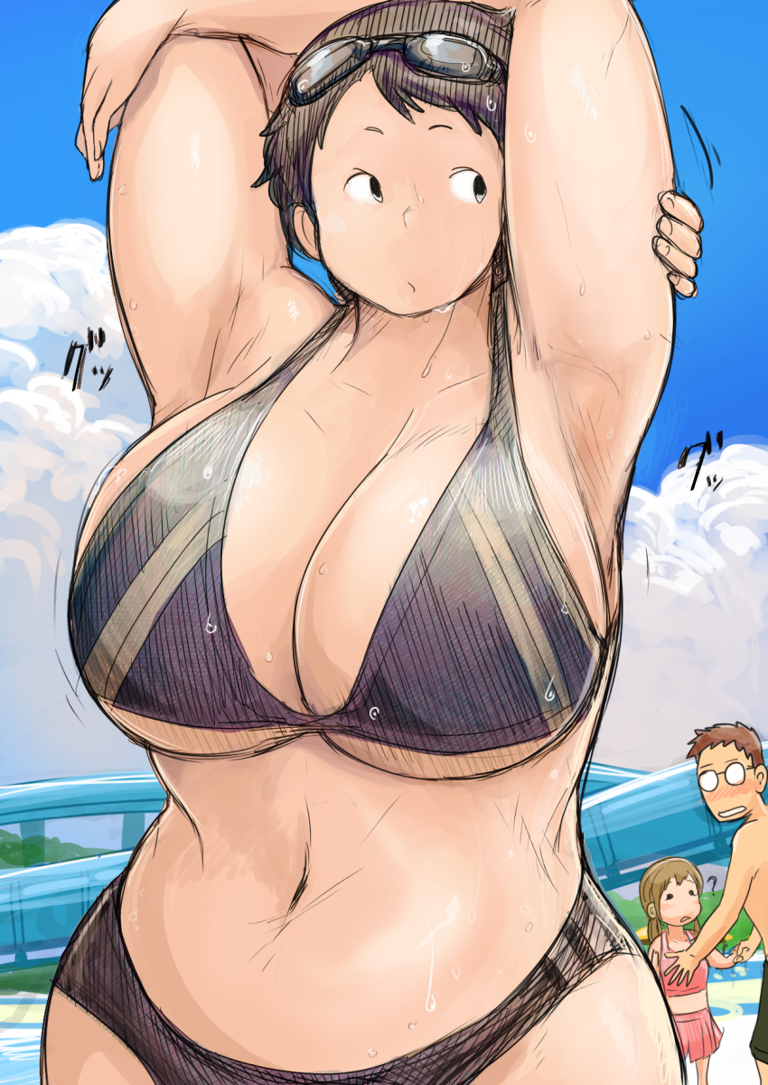 1boy 2girls ? armpits arms_up bikini black_bikini black_eyes black_hair blue_sky blush breasts child cleavage cloud cloudy_sky commentary_request cowboy_shot crossed_arms day father_and_daughter glasses goggles goggles_on_head hand_on_own_arm height_difference highres holding_hands huge_breasts hunter_rank_e looking_at_another looking_to_the_side mob_face mochida_(hunter_rank_e) motion_lines multiple_girls navel opaque_glasses original outdoors pink_bikini plump pool short_hair sky solo_focus sound_effects sweat swim_goggles swimsuit underboob undersized_breast_cup undersized_clothes water_slide waterpark wide_hips