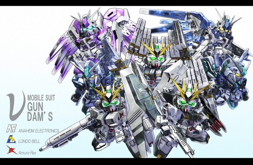 3d a_mituhashi beam_rifle char&#039;s_counterattack char&#039;s_counterattack_-_beltorchika&#039;s_children chibi energy_gun everyone gun gundam gundam_msv gundam_reon hi-nu_gundam mecha no_humans nu_gundam nu_gundam_double_fin_funnel_type nu_gundam_hws nu_gundam_mp_type robot sd_gundam shield weapon
