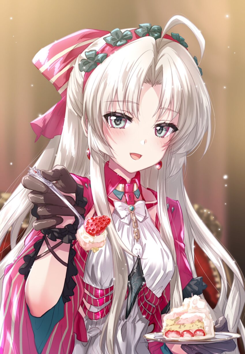 1girl ahoge aqua_eyes black_gloves bow breasts cake cake_slice carlotta_(wuthering_waves) commentary_request dress earrings food fork gloves hair_bow hairband highres holding holding_fork incoming_food jacket jewelry kuroi_mimei looking_at_viewer open_mouth parted_bangs pink_bow pink_hairband pink_jacket small_breasts smile solo striped_bow white_dress wuthering_waves