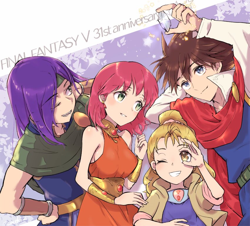 1boy 3girls anniversary arm_up bare_shoulders bartz_klauser belt blonde_hair blue_tunic bracer breasts brown_hair cape collared_shirt commentary copyright_request crystal dress faris_scherwiz final_fantasy final_fantasy_v green_cape green_eyes hand_on_own_hip high_ponytail highres holding holding_crystal krile_mayer_baldesion_(ff5) lenna_charlotte_tycoon long_hair medium_breasts meki-t multiple_girls one_eye_closed orange_dress parted_lips pink_hair ponytail popped_collar purple_hair red_cape shirt short_hair siblings sisters smile sparkle tunic white_shirt yellow_eyes