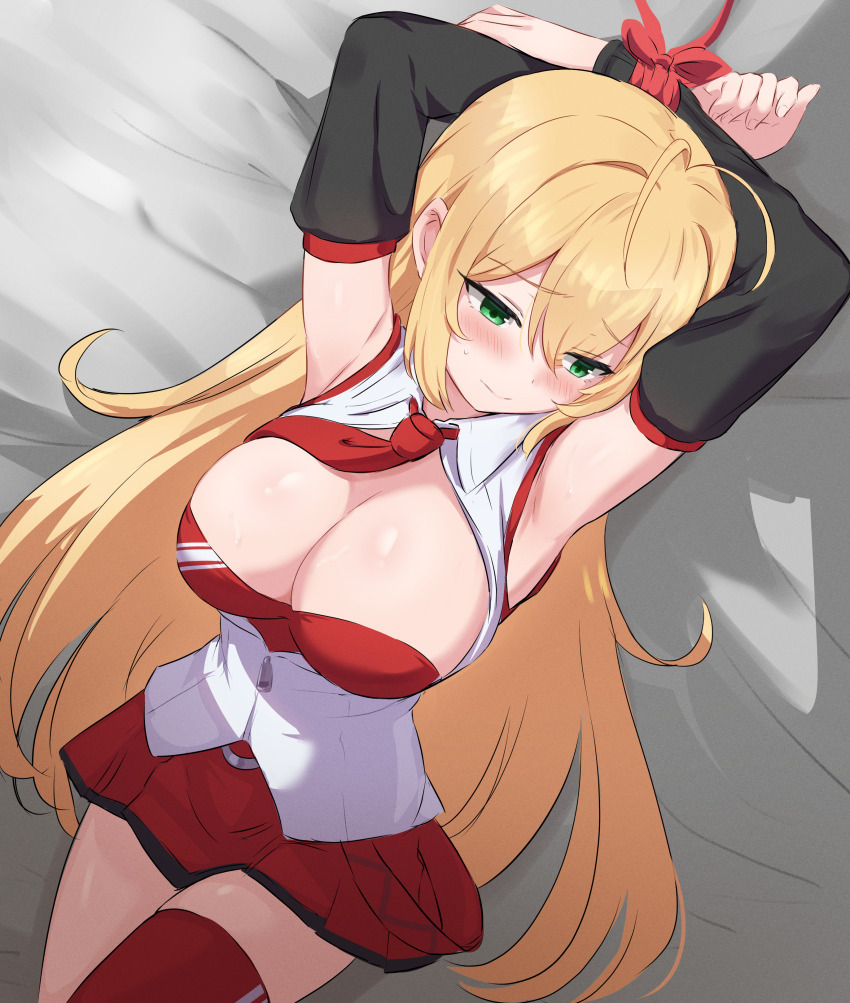 1girl absurdres antenna_hair armpits arms_up bed_sheet black_sleeves blonde_hair blush bound bound_wrists breasts cleavage detached_sleeves dot_nose dress green_eyes highres large_breasts legs_together long_hair looking_to_the_side lying necktie necktie_aside nervous on_back open_clothes open_shirt raised_eyebrows red_dress red_necktie red_thighhighs restrained ruttse shiny_skin shirt short_dress sleeveless sleeveless_shirt solo sweat thighhighs tsurumaki_maki voiceroid white_shirt zettai_ryouiki