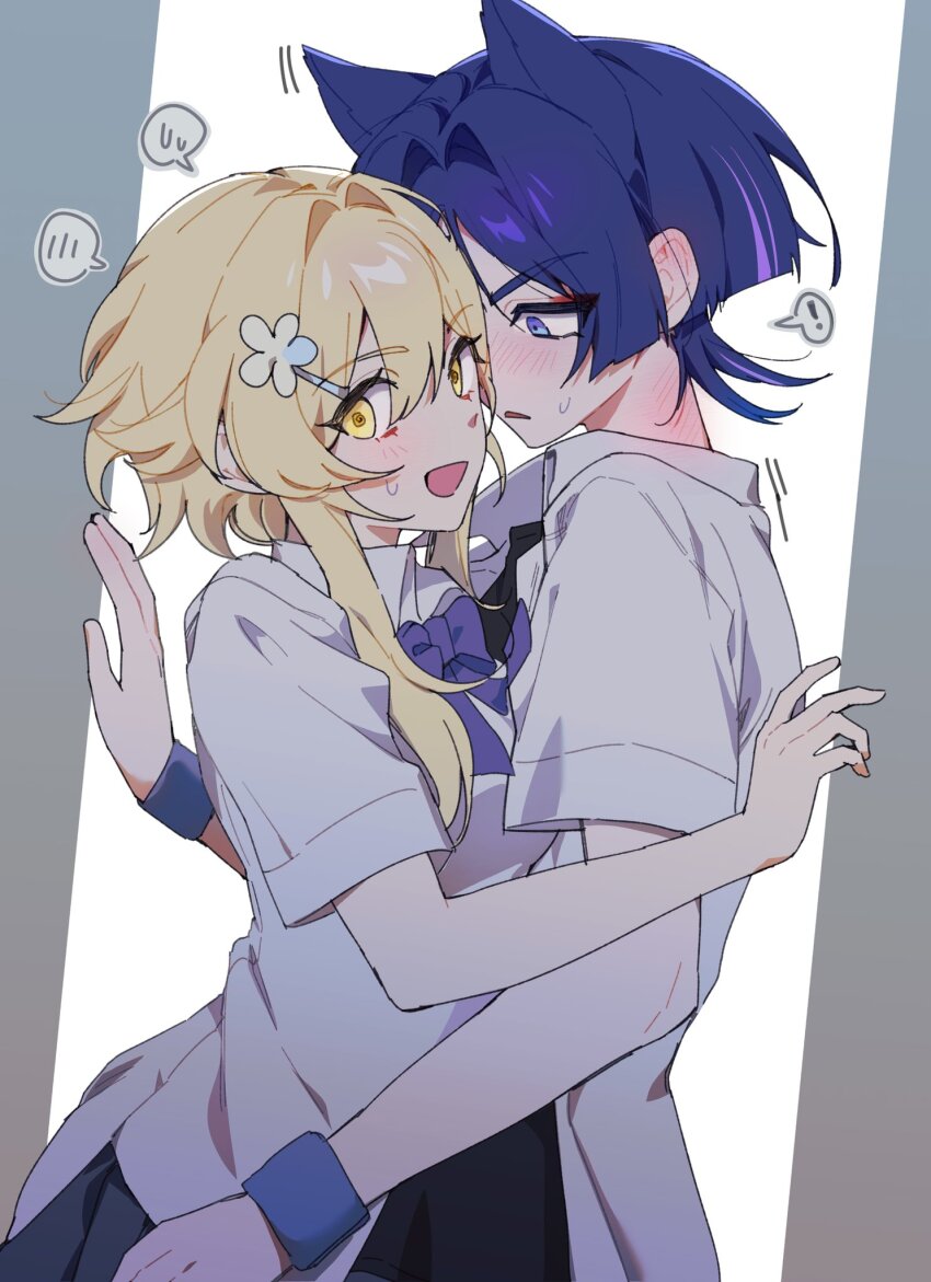 ! 1boy 1girl alternate_costume animal_ears averting_eyes black_skirt blonde_hair blouse blunt_ends blush bow breasts cat_boy cat_ears collared_shirt contemporary ear_blush eyelashes eyeliner eyeshadow flower genshin_impact hair_between_eyes hair_flower hair_intakes hair_ornament hairclip heads_together hetero highres in_locker looking_at_another lumine_(genshin_impact) makeup medium_breasts multicolored_hair neck_blush open_mouth purple_bow purple_eyes purple_hair red_eyeliner red_eyeshadow scaramouche_(genshin_impact) school_uniform shirt short_hair short_hair_with_long_locks short_sleeves sia37068010 sidelocks skirt spoken_blush spoken_exclamation_mark spoken_sweatdrop streaked_hair sweatdrop tareme white_flower white_shirt white_sleeves wristband yellow_eyes