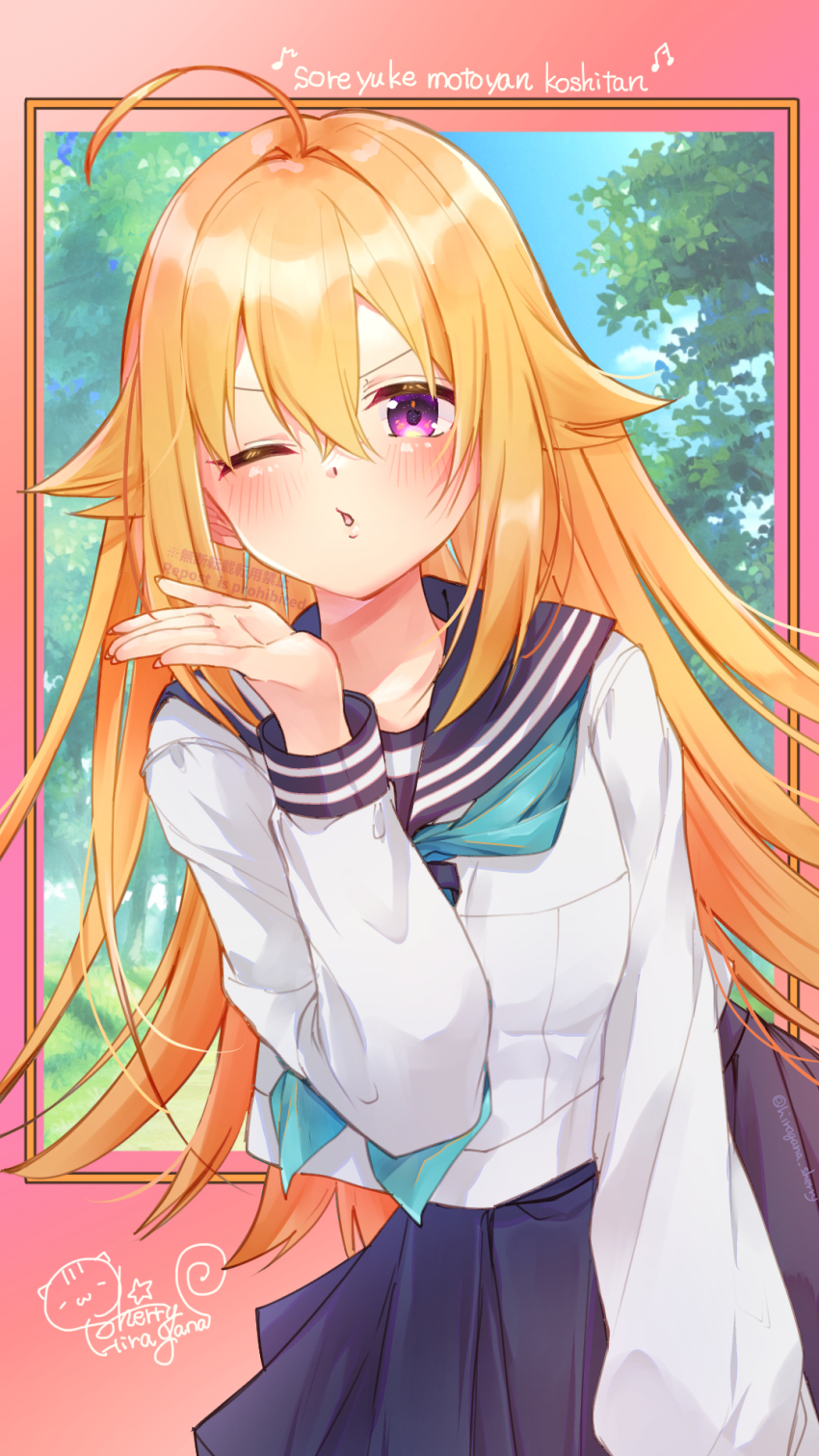 1girl ;o aqua_neckerchief blonde_hair blue_skirt blush hair_between_eyes highres hino_minami_high_school_uniform hiragana_sherry koshi_torako long_hair long_sleeves neckerchief one_eye_closed open_mouth purple_eyes school_uniform serafuku shikanoko_nokonoko_koshitantan shirt skirt solo white_serafuku white_shirt