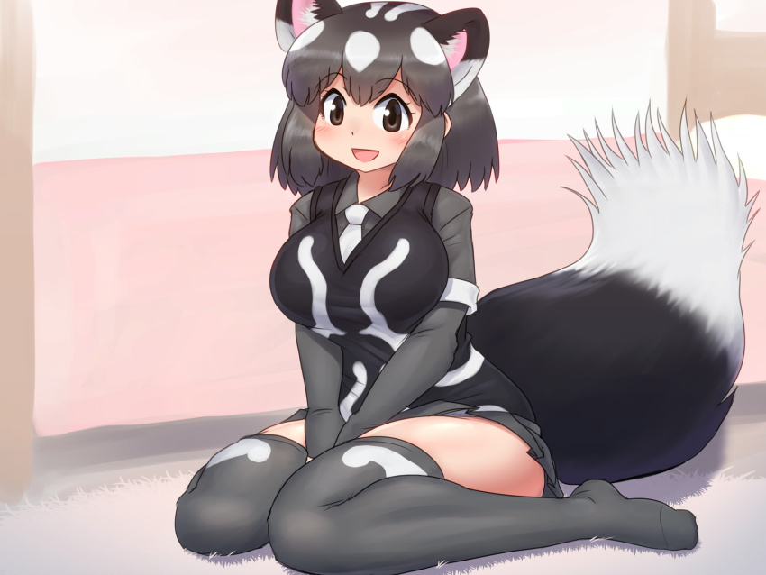 1girl :d animal_ears bed between_legs black_eyes black_hair black_vest blush breasts commentary_request elbow_gloves extra_ears gloves grey_gloves grey_shirt grey_skirt grey_thighhighs hand_between_legs highres indoors kemono_friends large_breasts looking_at_viewer mo23 multicolored_hair necktie no_shoes on_floor open_mouth pleated_skirt rug shirt short_hair short_sleeves sitting skindentation skirt skunk_ears skunk_girl skunk_tail smile solo spotted_skunk_(kemono_friends) tail thighhighs vest wariza white_hair white_necktie