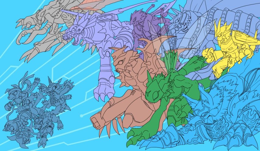 armor bandana beelzebumon claws digimon digimon_(creature) dinobeemon fenriloogamon gabumon gaomon grankuwagamon horns impmon loogamon magnamon metalgarurumon miragegaogamon paildramon tail v-mon wolf wormmon
