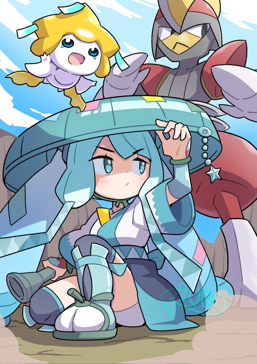 1girl aqua_hair aqua_headwear bisharp blue_eyes blue_hair chin_strap closed_mouth flute gen_3_pokemon gen_5_pokemon hat hat_ornament hatsune_miku highres holding holding_flute holding_instrument instrument japanese_clothes jirachi kimono legendary_pokemon long_hair looking_afar multicolored_hair mythical_pokemon nintendo on_floor poke_flute pokemon pokemon_(creature) print_sash project_voltage rgurei0529 sandogasa sash sitting star_(symbol) star_hat_ornament steel_miku_(project_voltage) tanzaku third_eye_on_chest twintails two-tone_skirt very_long_hair vocaloid wide_sleeves