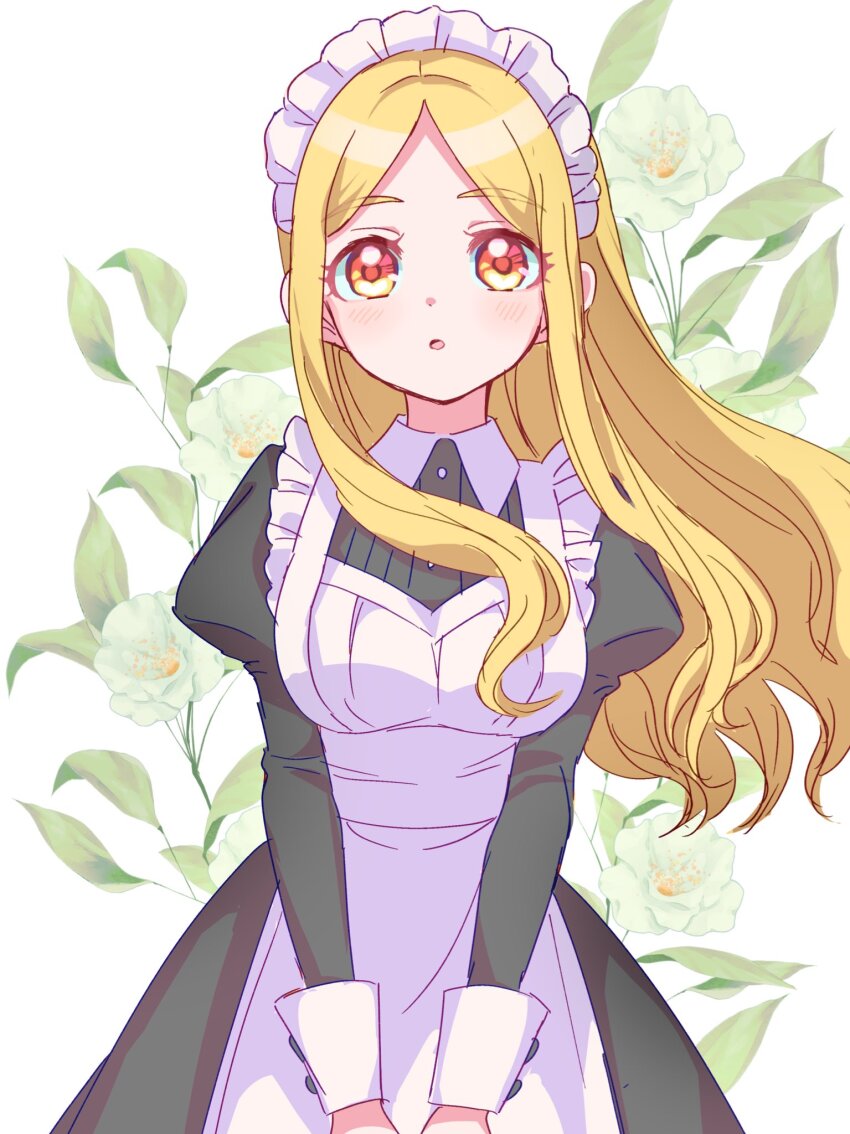 1girl apron black_dress blonde_hair blush dress flower highres idolmaster idolmaster_cinderella_girls kanipoposu long_hair looking_at_viewer maid maid_headdress mochizuki_hijiri parted_bangs parted_lips red_eyes solo upper_body white_apron white_flower
