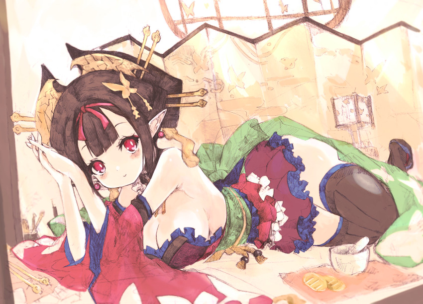 1girl animal_print architecture armpit_crease bare_shoulders black_collar black_hair black_thighhighs blunt_bangs blunt_sidelocks blush blush_stickers bow breasts bug butterfly butterfly_hair_ornament butterfly_print cleavage closed_mouth coin collar datehyogo demon_girl detached_collar detached_sleeves disgaea earrings east_asian_architecture folding_screen frilled_collar frilled_skirt frills geisha gold green_bow green_sash hair_ornament hair_ribbon hair_stick highres indoors insect japanese_clothes jewelry kakuwashi kanzashi koban_(gold) large_breasts long_sleeves looking_at_viewer lying maiko_(disgaea) makai_senki_disgaea_7 microskirt mortar_(bowl) nihongami obi obiage obijime okobo on_side one_eye_closed own_hands_clasped own_hands_together pestle pink_sleeves platform_sandals pointy_ears purple_skirt red_eyes red_ribbon ribbon sandals sash shiny_skin short_hair sideboob skirt smile solo sphere_earrings tassel thighhighs waist_bow
