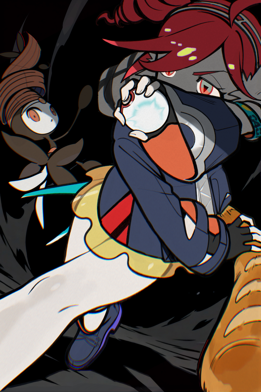 1girl absurdres ahoge baguette black_gloves black_shoes bread dark drill_hair fingerless_gloves food forehead_jewel gen_5_pokemon gloves grey_eyes hair_between_eyes headphones highres holding holding_food holding_poke_ball kasane_teto legendary_pokemon long_sleeves luxury_ball meloetta meloetta_(pirouette) mythical_pokemon naruko160 nintendo outstretched_arm pantyhose poke_ball pokemon pokemon_(creature) project_voltage red_eyes red_hair rival_teto_(project_voltage) shoes skirt symbol-shaped_pupils triangle-shaped_pupils twin_drills utau vocaloid white_pantyhose yellow_skirt