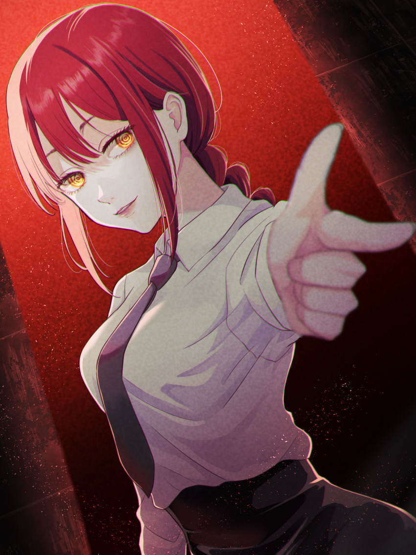 1girl absurdres aiming aiming_at_viewer arm_up black_necktie black_pants blurry blurry_foreground braid braided_ponytail breasts chainsaw_man collared_shirt commentary_request depth_of_field dress_shirt eyelashes finger_gun hair_between_eyes high-waist_pants highres long_hair long_sleeves looking_at_viewer makima_(chainsaw_man) medium_breasts nagi-negitoro necktie pants parted_lips perspective red_background red_hair ringed_eyes shirt shirt_tucked_in sidelocks single_braid smile solo standing upper_body white_shirt wing_collar yellow_eyes