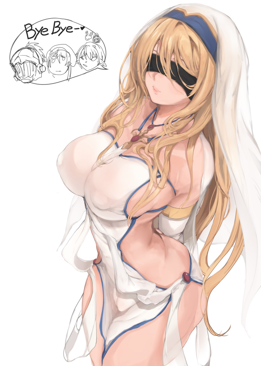 1girl absurdres arms_behind_back black_blindfold blindfold blonde_hair blue_eyes breasts bridal_gauntlets cameltoe closed_mouth covered_erect_nipples dress dwarf_shaman_(goblin_slayer!) goblin_slayer goblin_slayer! habit hair_between_eyes high_elf_archer_(goblin_slayer!) highres impossible_clothes jewelry large_breasts lizard_priest_(goblin_slayer!) long_hair looking_at_viewer mamimi_(mamamimi) necklace no_bra no_panties nun pelvic_curtain priestess_(goblin_slayer!) sideless_outfit simple_background solo spoken_character sword_maiden veil white_background white_dress white_veil
