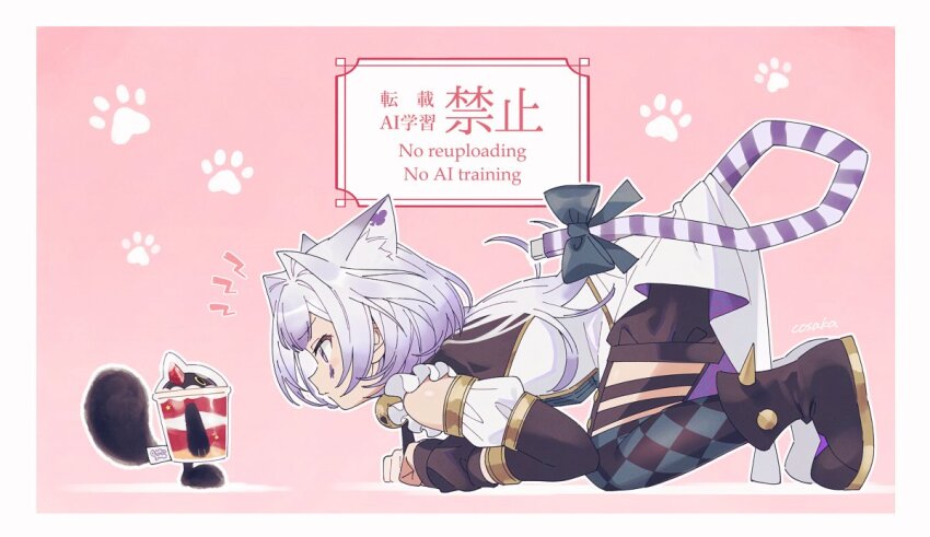 1girl 1other animal-themed_food animal_ear_fluff animal_ears animal_focus black_boots black_fur boots cat cat_ears cat_girl cat_paw checkered_clothes checkered_legwear cup cupsie_yummy detached_sleeves disposable_cup duel_monster food frills fruit hair_intakes ice_cream looking_at_another lunapont maliss_&lt;p&gt;_chessy_cat pink_background purple_eyes purple_hair short_hair spiked_boots usb yu-gi-oh!