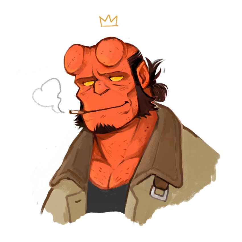 1boy balding bara broken_horn cropped_torso demon_boy empty_eyes floating_crown half-closed_eyes hellboy hellboy_(comic) horns looking_at_viewer male_focus mature_male pectoral_cleavage pectorals smile smoking solo sparse_chest_hair urlututu