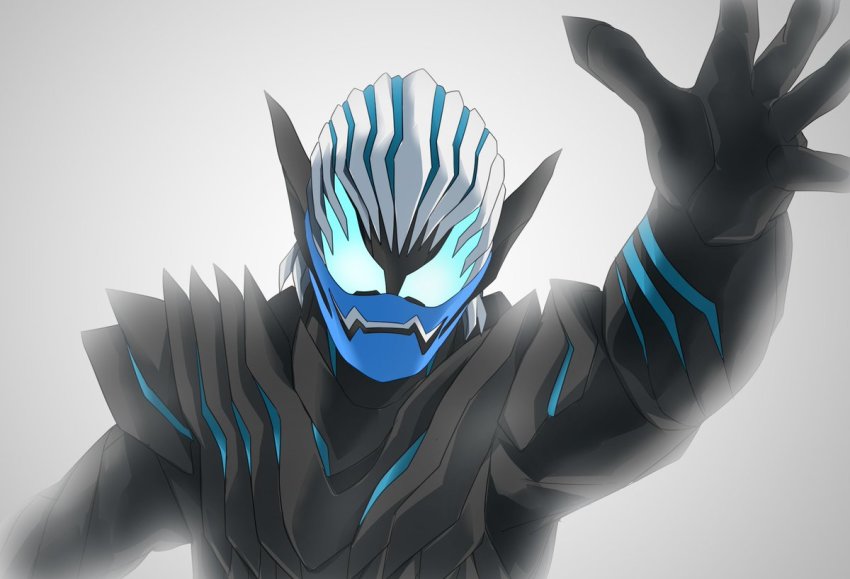 1boy blue_eyes demon demon_boy fingernails glowing goodbye hair_slicked_back kamen_rider kamen_rider_revice mask miyabi_(037) mouth_mask open_hand outstretched_hand pointy_ears sharp_fingernails spoilers upper_body vice_(kamen_rider_revice) white_background white_hair