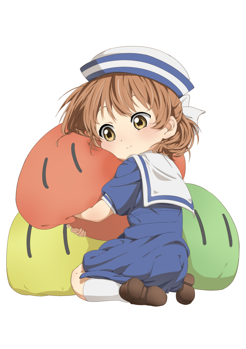 1girl absurdres blue_serafuku blue_shirt blue_skirt blush bow brown_eyes brown_hair child chinese_commentary clannad closed_mouth commentary dango_daikazoku from_behind hair_bow half_updo hat highres hug hugging_object kindergarten_uniform mogege_gk okazaki_ushio puffy_short_sleeves puffy_sleeves sailor_collar school_hat school_uniform serafuku shirt short_hair short_sleeves simple_background skirt smile solo white_background white_bow white_hat white_sailor_collar |_|