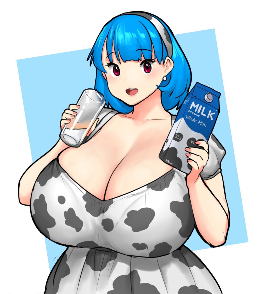 1girl animal_print blue_hair blush breasts cow_print cup dress earrings erkaz hairband highres holding holding_cup holding_milk_carton huge_breasts jewelry looking_at_viewer medium_hair milk_carton original print_dress print_hairband red_eyes rina_atherina short_sleeves solo upper_body veins veiny_breasts