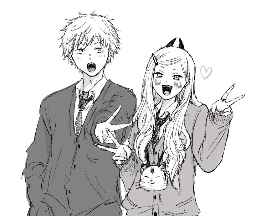 1boy 1girl blush cardigan cat chainsaw_man collared_shirt demon_girl demon_horns denji_(chainsaw_man) double_v greyscale hair_ornament hairclip heart highres horns iing_naoe long_hair meowy_(chainsaw_man) monochrome necktie open_mouth power_(chainsaw_man) shirt short_hair v